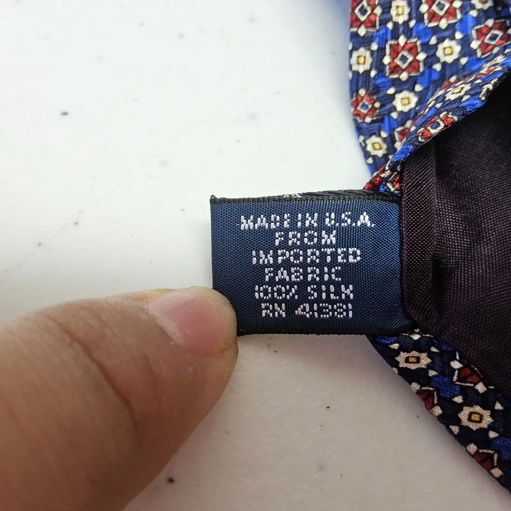 Handmade Silk Necktie Mens Navy Blue Burgundy Geometric Medallion Made‎ in USA